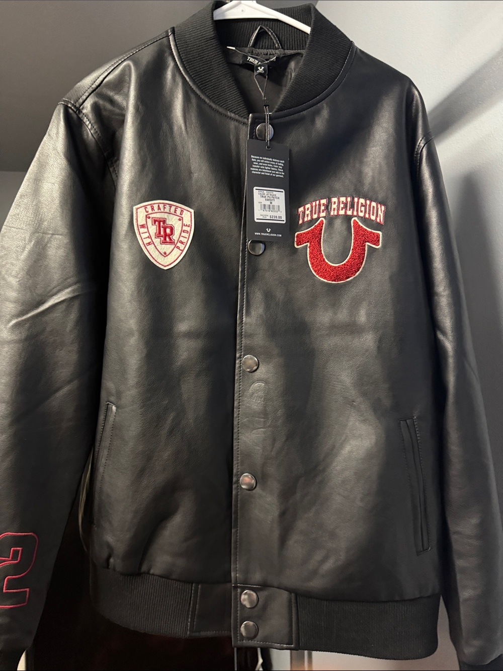 True Religion Black Leather Bomber Jacket with Red Embroidered Logos
